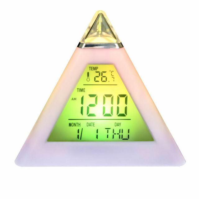 7-kolorowe kolorowe piramidy budzik z wyświetlaczem LCD, lampka nocna, termometr cyfrowy, ścianowy zmienny LED zegar - dekoracja do domu - Wianko - 10