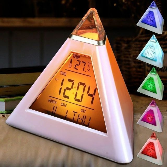 7-kolorowe kolorowe piramidy budzik z wyświetlaczem LCD, lampka nocna, termometr cyfrowy, ścianowy zmienny LED zegar - dekoracja do domu - Wianko - 1