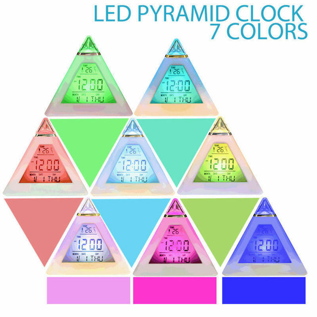 7-kolorowe kolorowe piramidy budzik z wyświetlaczem LCD, lampka nocna, termometr cyfrowy, ścianowy zmienny LED zegar - dekoracja do domu - Wianko - 2