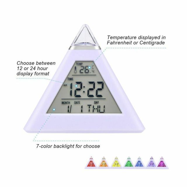 7-kolorowe kolorowe piramidy budzik z wyświetlaczem LCD, lampka nocna, termometr cyfrowy, ścianowy zmienny LED zegar - dekoracja do domu - Wianko - 4