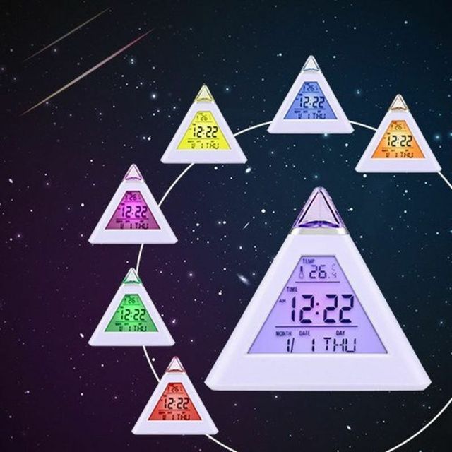7-kolorowe kolorowe piramidy budzik z wyświetlaczem LCD, lampka nocna, termometr cyfrowy, ścianowy zmienny LED zegar - dekoracja do domu - Wianko - 5