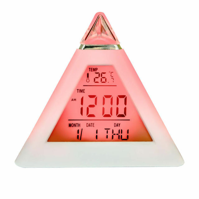 7-kolorowe kolorowe piramidy budzik z wyświetlaczem LCD, lampka nocna, termometr cyfrowy, ścianowy zmienny LED zegar - dekoracja do domu - Wianko - 11