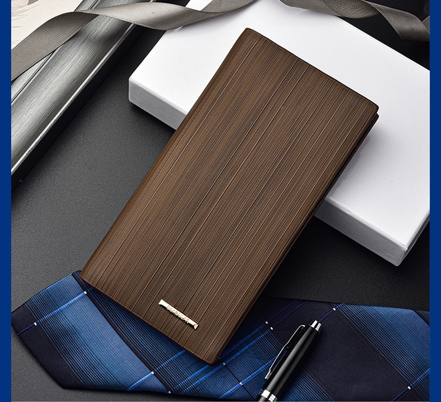 Portfel męski długie drewniane ziarna, ultra cienki, stylowy z wieloma kieszeniami na karty i miejsce na telefon komórkowy, wykonany z ekoskóry - Wianko - 2
