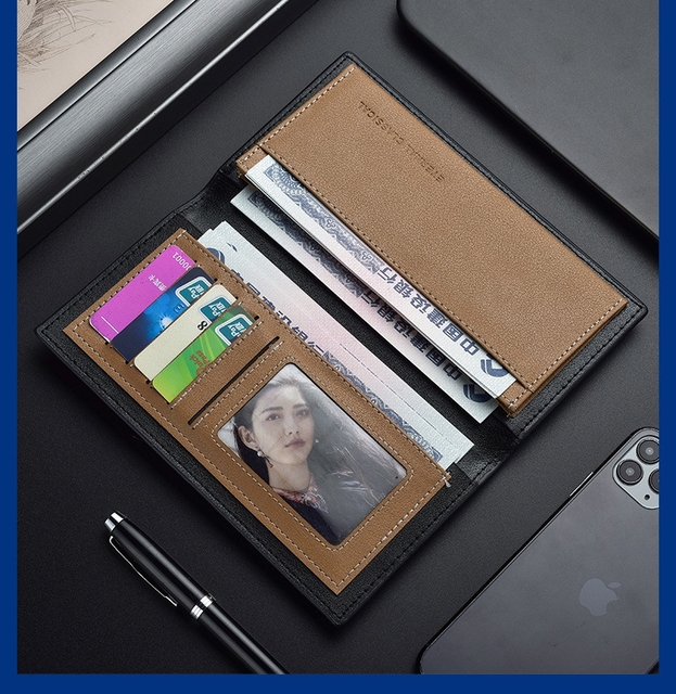 Portfel męski długie drewniane ziarna, ultra cienki, stylowy z wieloma kieszeniami na karty i miejsce na telefon komórkowy, wykonany z ekoskóry - Wianko - 5