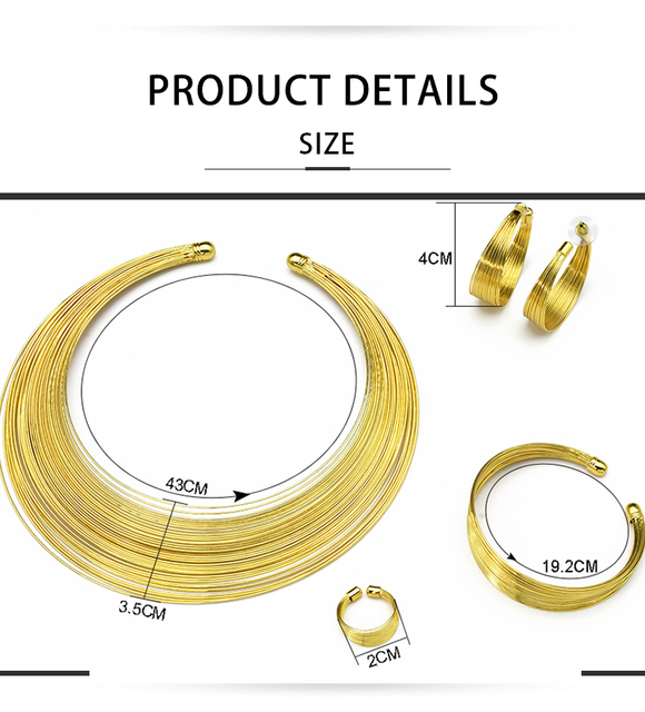 Zestaw Etiopskiej pozłacanej biżuterii: duży naszyjnik, bransoletka, kolczyki, pierścień - styl nigeryjski, stal nierdzewna - Wianko - 2