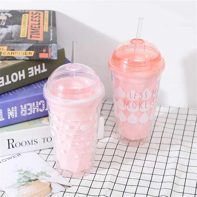 Kubek do kawy z kreatywnym wzorem, BPA-free, z plastikową butelką w kolorze różowo-białym i słomką, idealny do podróży, 420ML - Wianko - 4