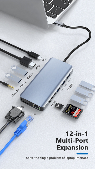 HUB USB C 12 W 1 z HDMI 4K, portem USB 3.0, portem LAN 1000Mbps oraz konwerterem PD 100W do laptopa Lenovo Macbook LC6 - Wianko - 3