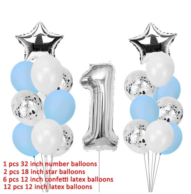 Niebieskie srebrne foliowe cyfry banner dekoracyjny na pierwsze urodziny chłopca z balonami, 1 roczne dostawy - Wianko - 2