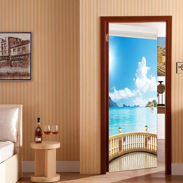 Samoprzylepna naklejka drzwi pcv drewno drzewo widok na morze ozdoby do dekoracji wnętrz DIY salon 3D z nadrukiem garnitur - Wianko - 5