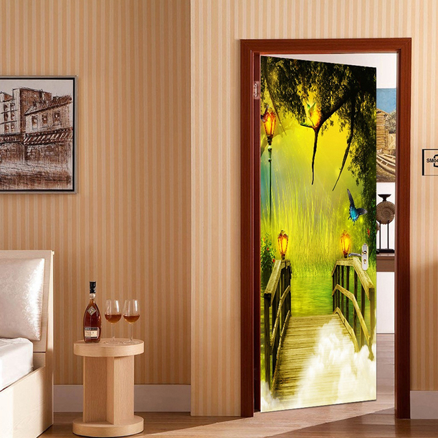 Samoprzylepna naklejka drzwi pcv drewno drzewo widok na morze ozdoby do dekoracji wnętrz DIY salon 3D z nadrukiem garnitur - Wianko - 6