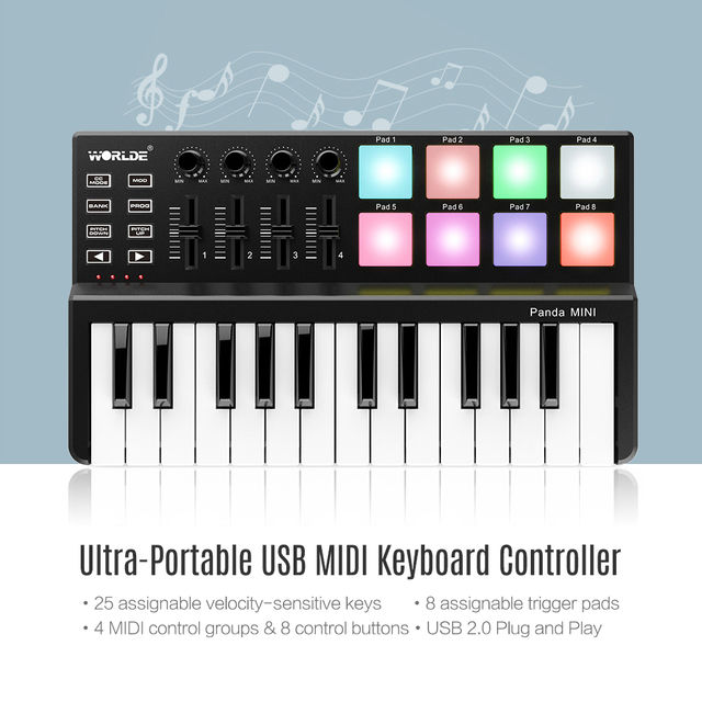 Worlde Panda Mini - Mini 25-Klawiszowa Klawiatura USB & Drum Pad - Kontroler Instrumentów Muzycznych MIDI - Wianko - 6