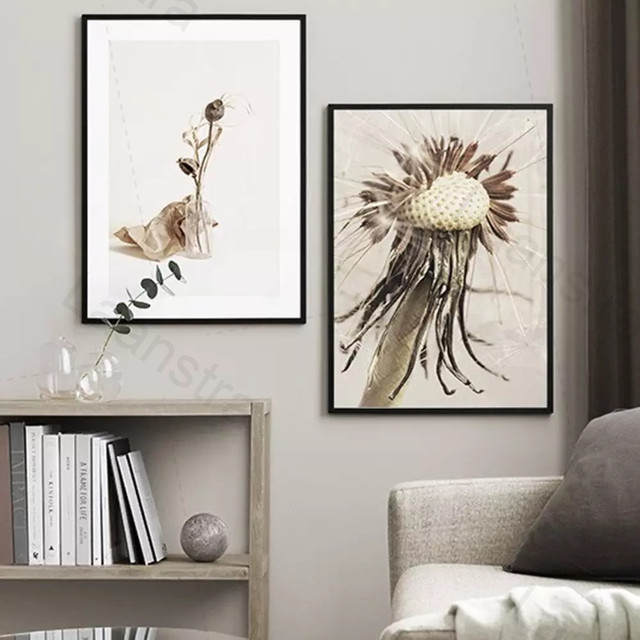 Suszone kwiaty na płótnie - motyw dmuchawca i sucha pszenica: dekoracyjny plakat roślinny w nordyckim stylu jesiennym - Wianko - 7