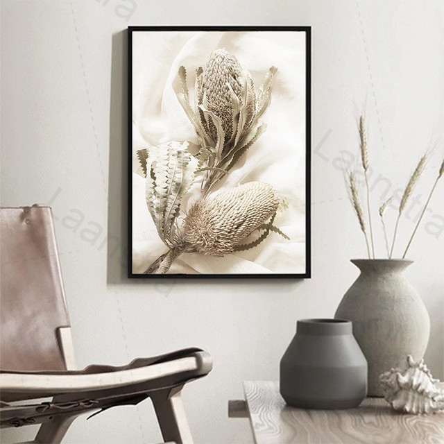 Suszone kwiaty na płótnie - motyw dmuchawca i sucha pszenica: dekoracyjny plakat roślinny w nordyckim stylu jesiennym - Wianko - 6
