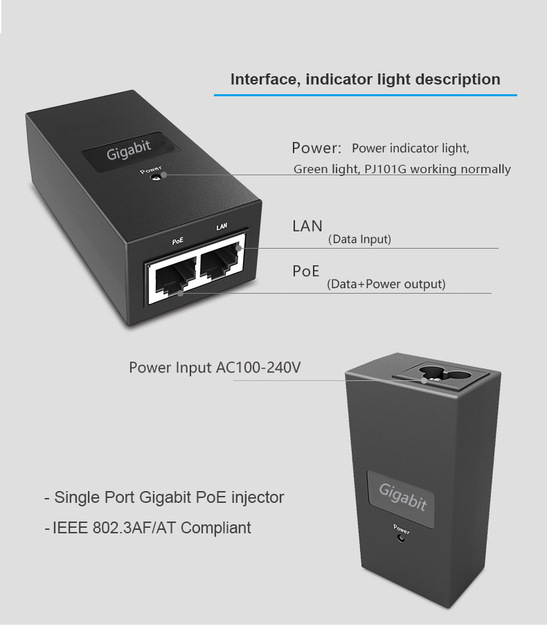 Gigabitowy przełącznik sieciowy PoE z pojedynczym portem, zasilany z sieci AC100-240V, wyjście 48V - Wianko - 4