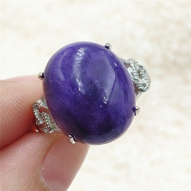 Pierścień Charoite regulowany z naturalnym fioletowym kryształem owalnym, kamieniem z Rosji, srebro 925 dla zakochanych - biżuteria AAAAA - Wianko - 47