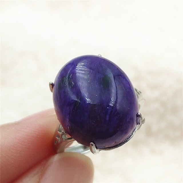 Pierścień Charoite regulowany z naturalnym fioletowym kryształem owalnym, kamieniem z Rosji, srebro 925 dla zakochanych - biżuteria AAAAA - Wianko - 35