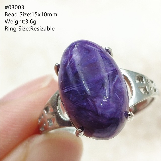 Pierścień Charoite regulowany z naturalnym fioletowym kryształem owalnym, kamieniem z Rosji, srebro 925 dla zakochanych - biżuteria AAAAA - Wianko - 36