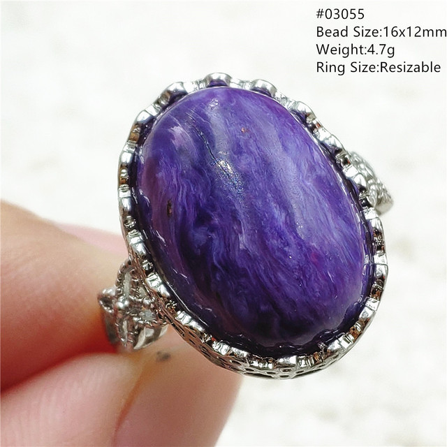 Pierścień Charoite regulowany z naturalnym fioletowym kryształem owalnym, kamieniem z Rosji, srebro 925 dla zakochanych - biżuteria AAAAA - Wianko - 29