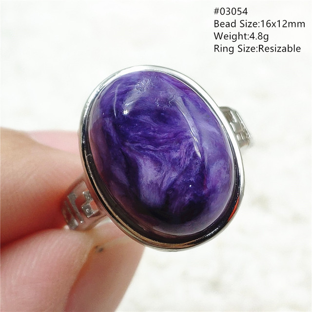 Pierścień Charoite regulowany z naturalnym fioletowym kryształem owalnym, kamieniem z Rosji, srebro 925 dla zakochanych - biżuteria AAAAA - Wianko - 27