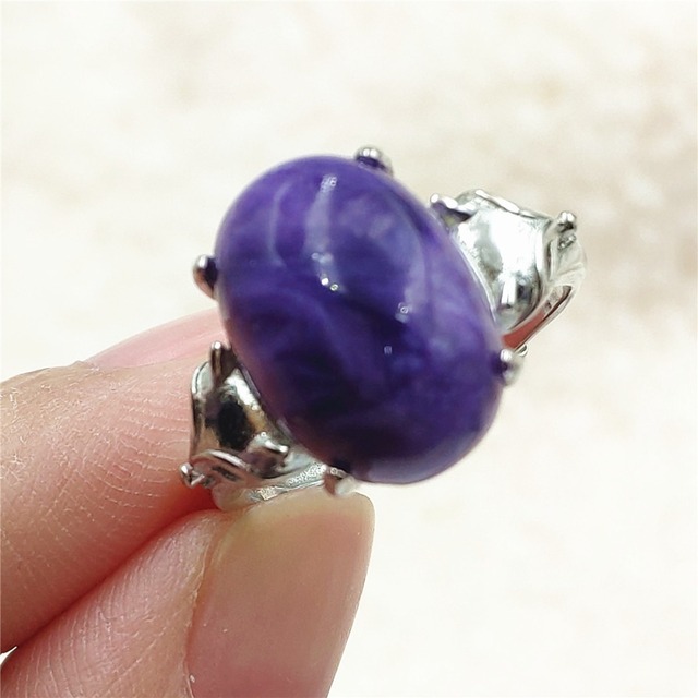 Pierścień Charoite regulowany z naturalnym fioletowym kryształem owalnym, kamieniem z Rosji, srebro 925 dla zakochanych - biżuteria AAAAA - Wianko - 61