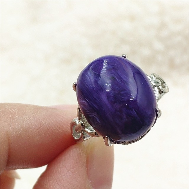 Pierścień Charoite regulowany z naturalnym fioletowym kryształem owalnym, kamieniem z Rosji, srebro 925 dla zakochanych - biżuteria AAAAA - Wianko - 71