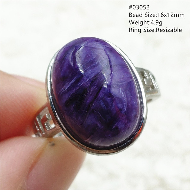 Pierścień Charoite regulowany z naturalnym fioletowym kryształem owalnym, kamieniem z Rosji, srebro 925 dla zakochanych - biżuteria AAAAA - Wianko - 23