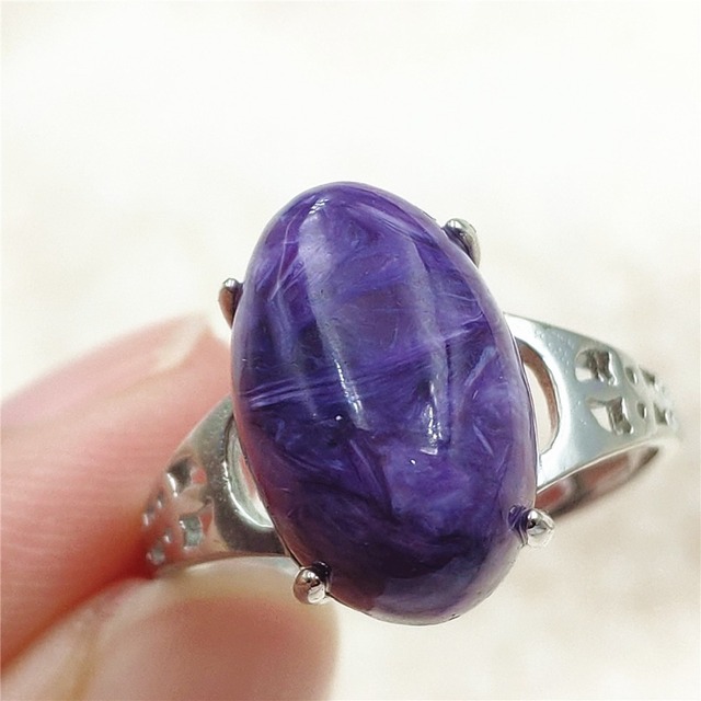 Pierścień Charoite regulowany z naturalnym fioletowym kryształem owalnym, kamieniem z Rosji, srebro 925 dla zakochanych - biżuteria AAAAA - Wianko - 37