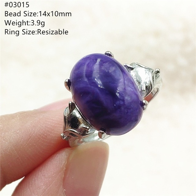 Pierścień Charoite regulowany z naturalnym fioletowym kryształem owalnym, kamieniem z Rosji, srebro 925 dla zakochanych - biżuteria AAAAA - Wianko - 60