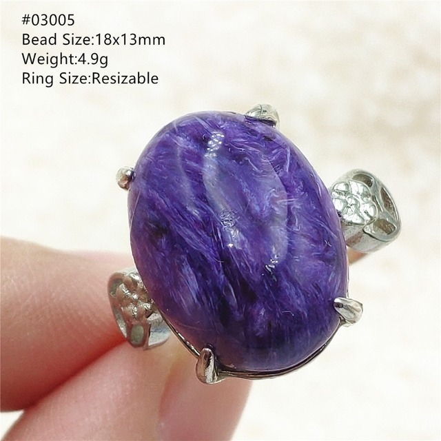Pierścień Charoite regulowany z naturalnym fioletowym kryształem owalnym, kamieniem z Rosji, srebro 925 dla zakochanych - biżuteria AAAAA - Wianko - 40