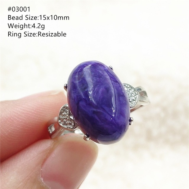 Pierścień Charoite regulowany z naturalnym fioletowym kryształem owalnym, kamieniem z Rosji, srebro 925 dla zakochanych - biżuteria AAAAA - Wianko - 32