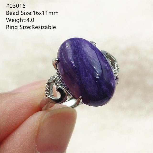 Pierścień Charoite regulowany z naturalnym fioletowym kryształem owalnym, kamieniem z Rosji, srebro 925 dla zakochanych - biżuteria AAAAA - Wianko - 62