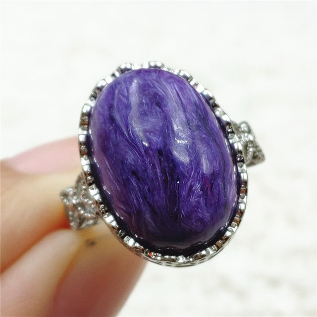 Pierścień Charoite regulowany z naturalnym fioletowym kryształem owalnym, kamieniem z Rosji, srebro 925 dla zakochanych - biżuteria AAAAA - Wianko - 18