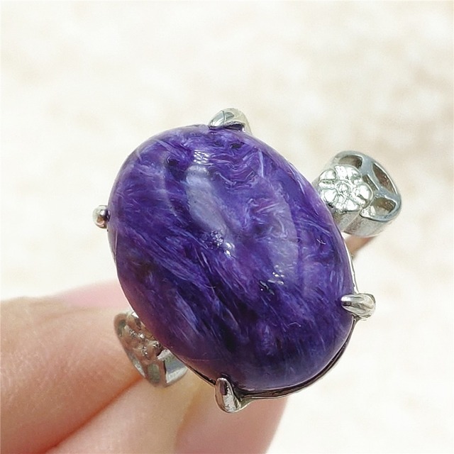 Pierścień Charoite regulowany z naturalnym fioletowym kryształem owalnym, kamieniem z Rosji, srebro 925 dla zakochanych - biżuteria AAAAA - Wianko - 41
