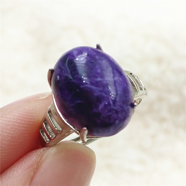 Pierścień Charoite regulowany z naturalnym fioletowym kryształem owalnym, kamieniem z Rosji, srebro 925 dla zakochanych - biżuteria AAAAA - Wianko - 53