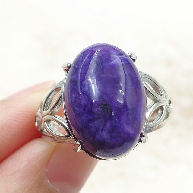 Pierścień Charoite regulowany z naturalnym fioletowym kryształem owalnym, kamieniem z Rosji, srebro 925 dla zakochanych - biżuteria AAAAA - Wianko - 45