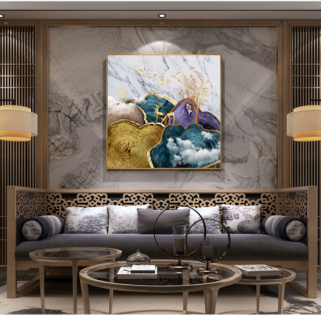 Abstrakcyjne złote płótno z folią księżycową i motywem jelenia - plakat w niebieskim i fioletowym kolorze do nowoczesnej dekoracji ściany w salonie - Wianko - 8
