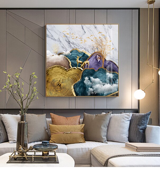 Abstrakcyjne złote płótno z folią księżycową i motywem jelenia - plakat w niebieskim i fioletowym kolorze do nowoczesnej dekoracji ściany w salonie - Wianko - 2