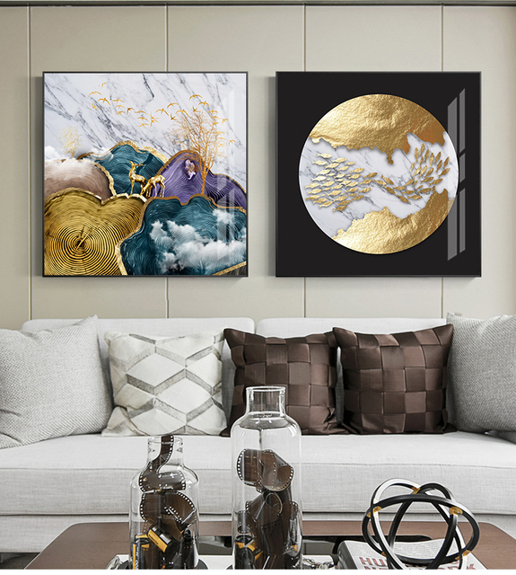 Abstrakcyjne złote płótno z folią księżycową i motywem jelenia - plakat w niebieskim i fioletowym kolorze do nowoczesnej dekoracji ściany w salonie - Wianko - 4