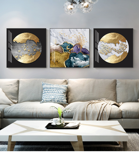 Abstrakcyjne złote płótno z folią księżycową i motywem jelenia - plakat w niebieskim i fioletowym kolorze do nowoczesnej dekoracji ściany w salonie - Wianko - 3