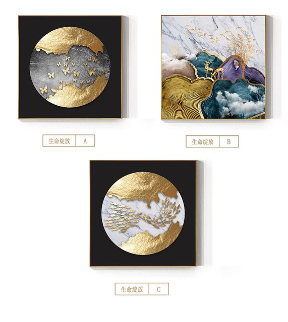 Abstrakcyjne złote płótno z folią księżycową i motywem jelenia - plakat w niebieskim i fioletowym kolorze do nowoczesnej dekoracji ściany w salonie - Wianko - 13