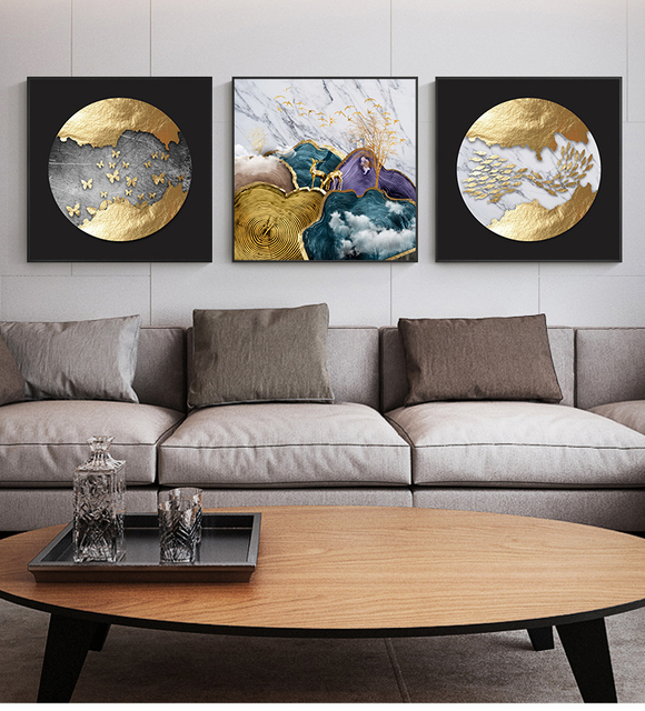 Abstrakcyjne złote płótno z folią księżycową i motywem jelenia - plakat w niebieskim i fioletowym kolorze do nowoczesnej dekoracji ściany w salonie - Wianko - 10