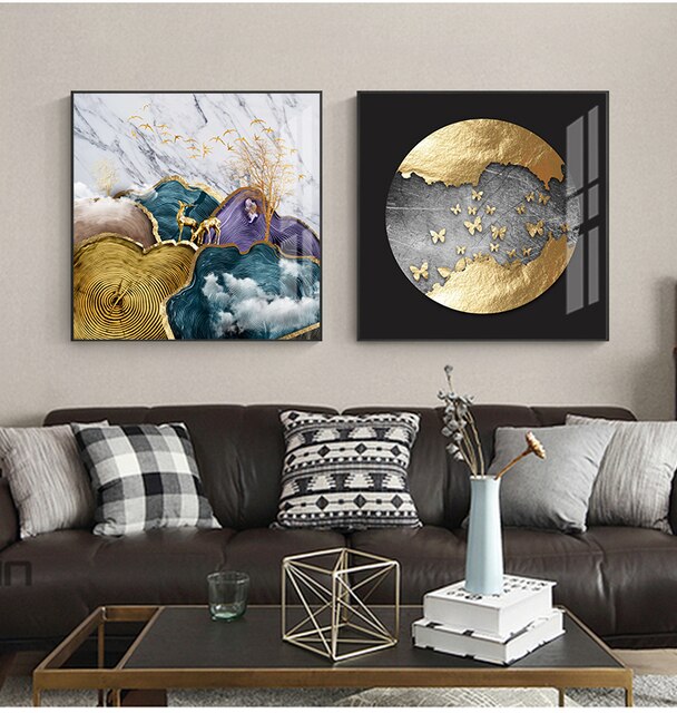 Abstrakcyjne złote płótno z folią księżycową i motywem jelenia - plakat w niebieskim i fioletowym kolorze do nowoczesnej dekoracji ściany w salonie - Wianko - 7