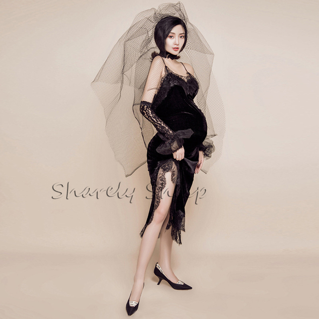 Czarna koronkowa sukienka ciążowa do sesji zdjęciowej i na baby shower z welonem - Wianko - 2