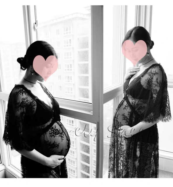 Czarna koronkowa sukienka ciążowa do sesji zdjęciowej i na baby shower z welonem - Wianko - 6