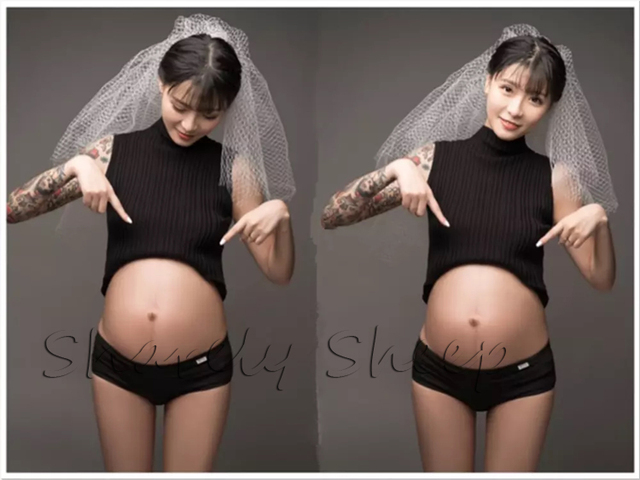 Czarna koronkowa sukienka ciążowa do sesji zdjęciowej i na baby shower z welonem - Wianko - 5