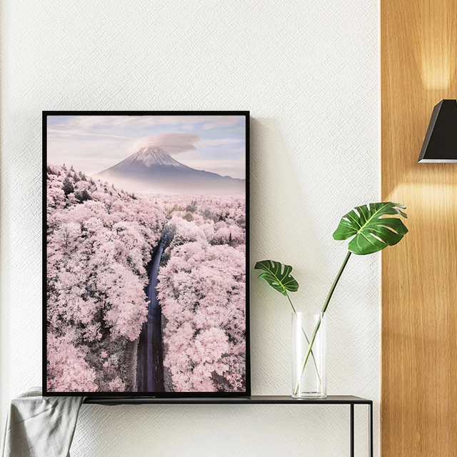 Plakat drukowany na płótnie z malarstwem nowoczesnym, przedstawiający spokojne jezioro, górę Fuji, różowe wiśnie, jeleń i elementy sztuki nordyckiej - Wianko - 8