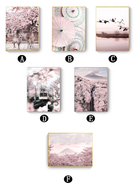Plakat drukowany na płótnie z malarstwem nowoczesnym, przedstawiający spokojne jezioro, górę Fuji, różowe wiśnie, jeleń i elementy sztuki nordyckiej - Wianko - 2