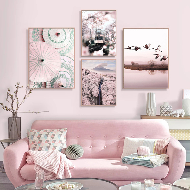 Plakat drukowany na płótnie z malarstwem nowoczesnym, przedstawiający spokojne jezioro, górę Fuji, różowe wiśnie, jeleń i elementy sztuki nordyckiej - Wianko - 3