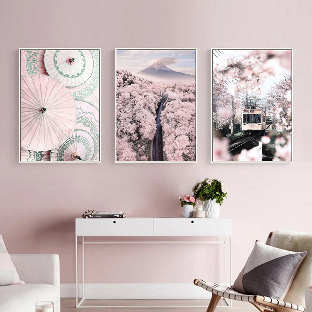 Plakat drukowany na płótnie z malarstwem nowoczesnym, przedstawiający spokojne jezioro, górę Fuji, różowe wiśnie, jeleń i elementy sztuki nordyckiej - Wianko - 6