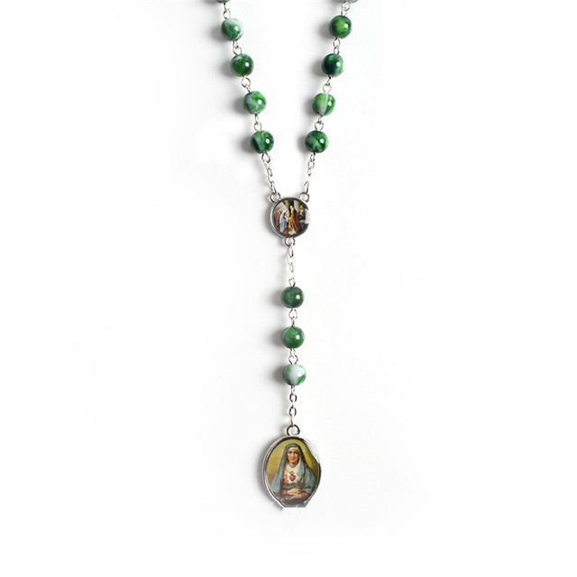 Naszyjnik z wisiorkiem: Zielony różaniec z akrylowym malachitem i krzyżem – kamień naturalny, katolicki, wysokiej jakości - Wianko - 4